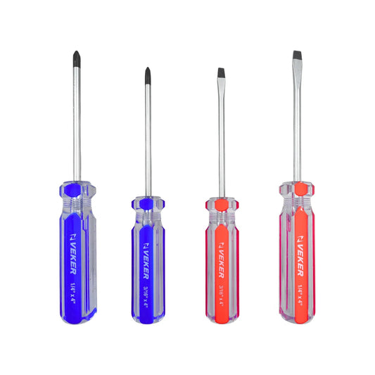 Juego desarmadores Veker 4 piezas: Phillips 1/4, 3/16 (azul) y planos 1/4, 3/16 (rojo) para uso general