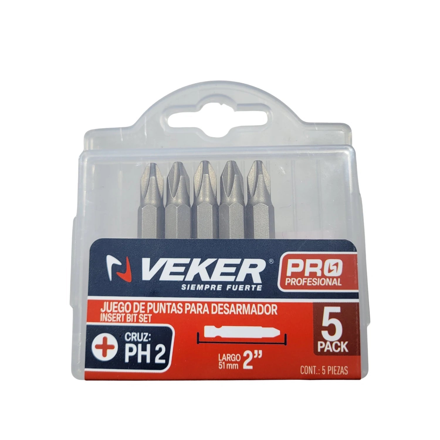 Juego de puntas Phillips Veker PH2, 5 piezas, 2 pulgadas de largo para desarmador