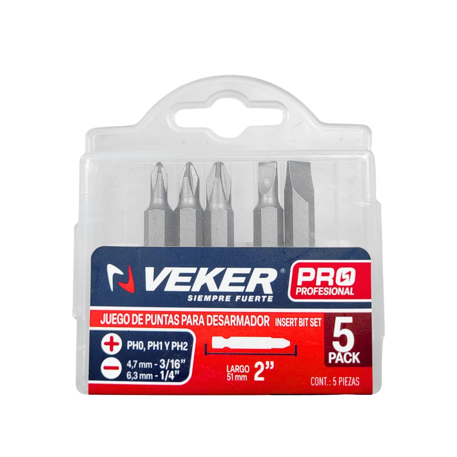 Set de puntas Veker para desarmador, 5 piezas: Phillips PH0, PH1, PH2 y planas 4.7mm, 6.3mm, largo 51mm