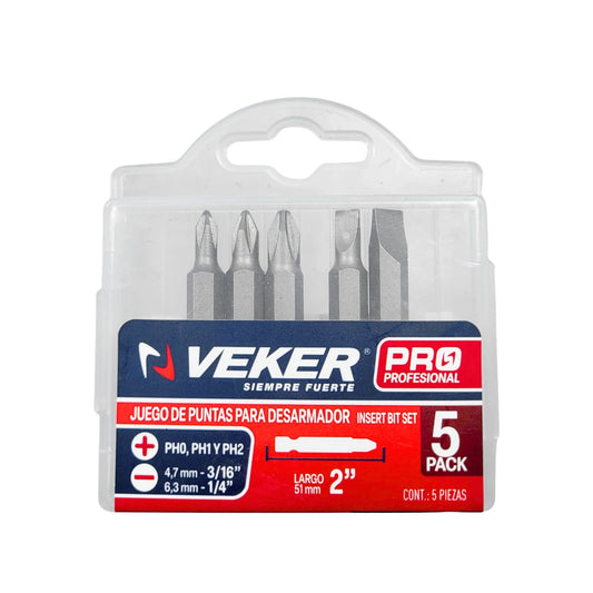 Set de puntas Veker para desarmador, 5 piezas: Phillips PH0, PH1, PH2 y planas 4.7mm, 6.3mm, largo 51mm