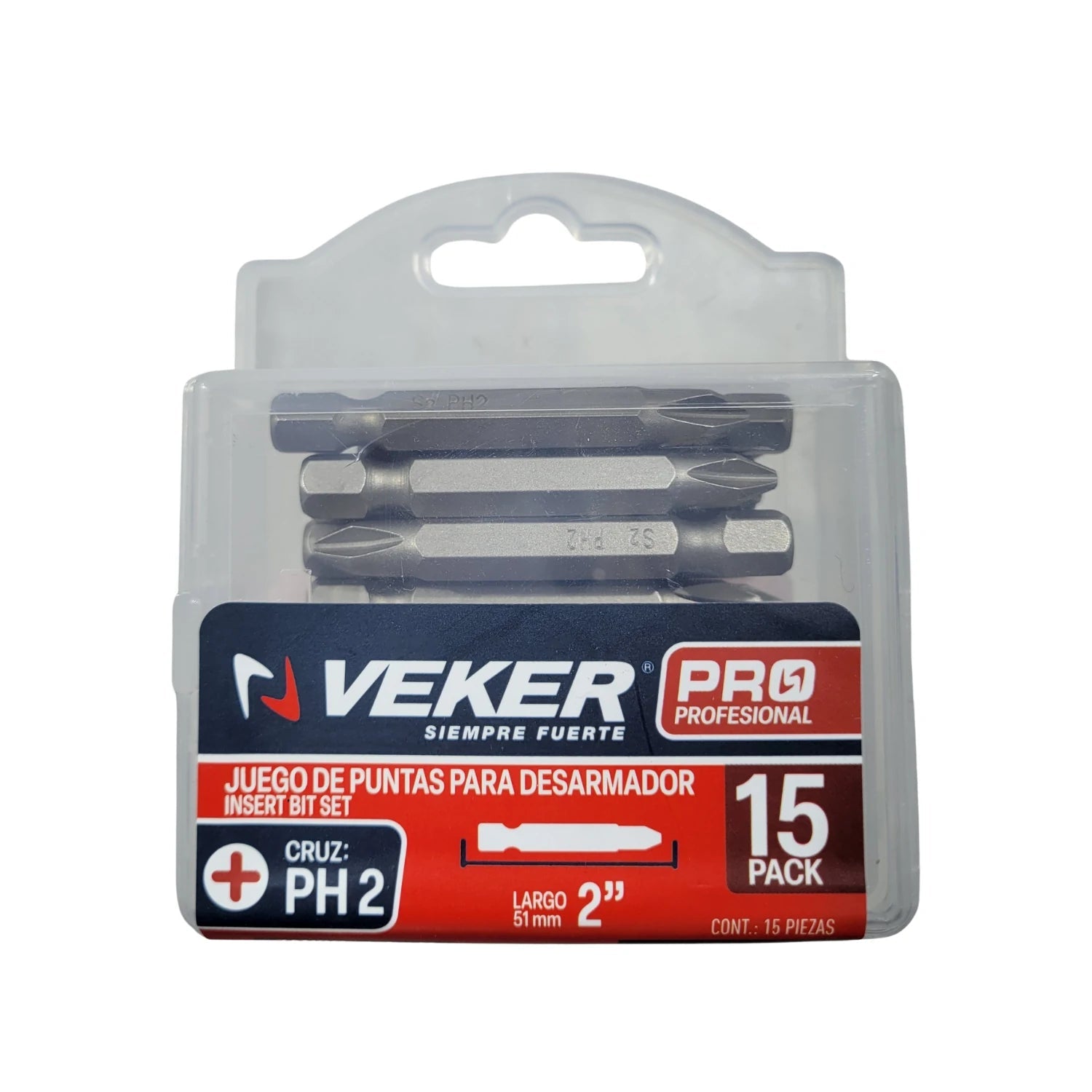 Juego de puntas VEKER PRO Phillips PH2 de 2" (51mm) para desarmador profesional, 15 piezas