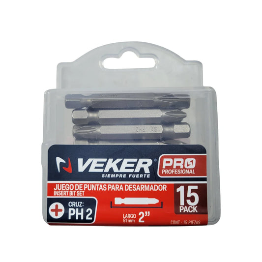 Juego de puntas Phillips 15 piezas para desarmador PH2 2" Veker 12373
