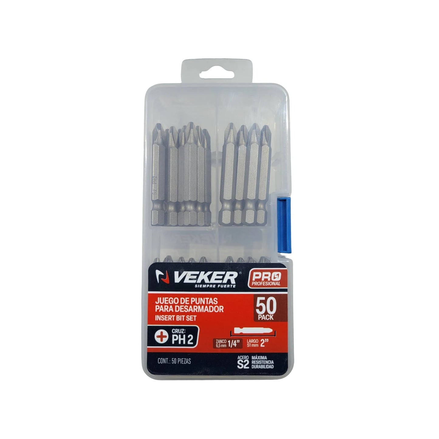 Juego de 50 puntas Veker Phillips PH2 de 2" para desarmador, fabricadas en acero S2 de alta durabilidad
