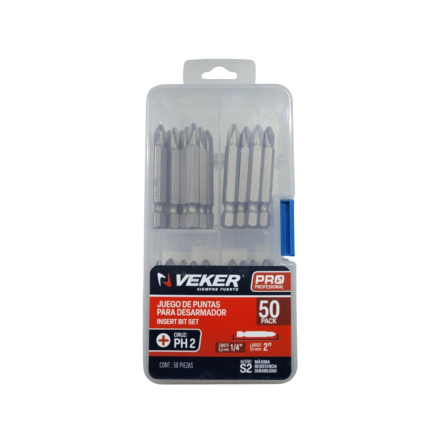 Juego de 50 puntas Veker Phillips PH2 de 2" para desarmador, fabricadas en acero S2 de alta durabilidad