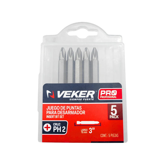 Juego de puntas Phillips 5 piezas para desarmador PH2 3" Veker 12375