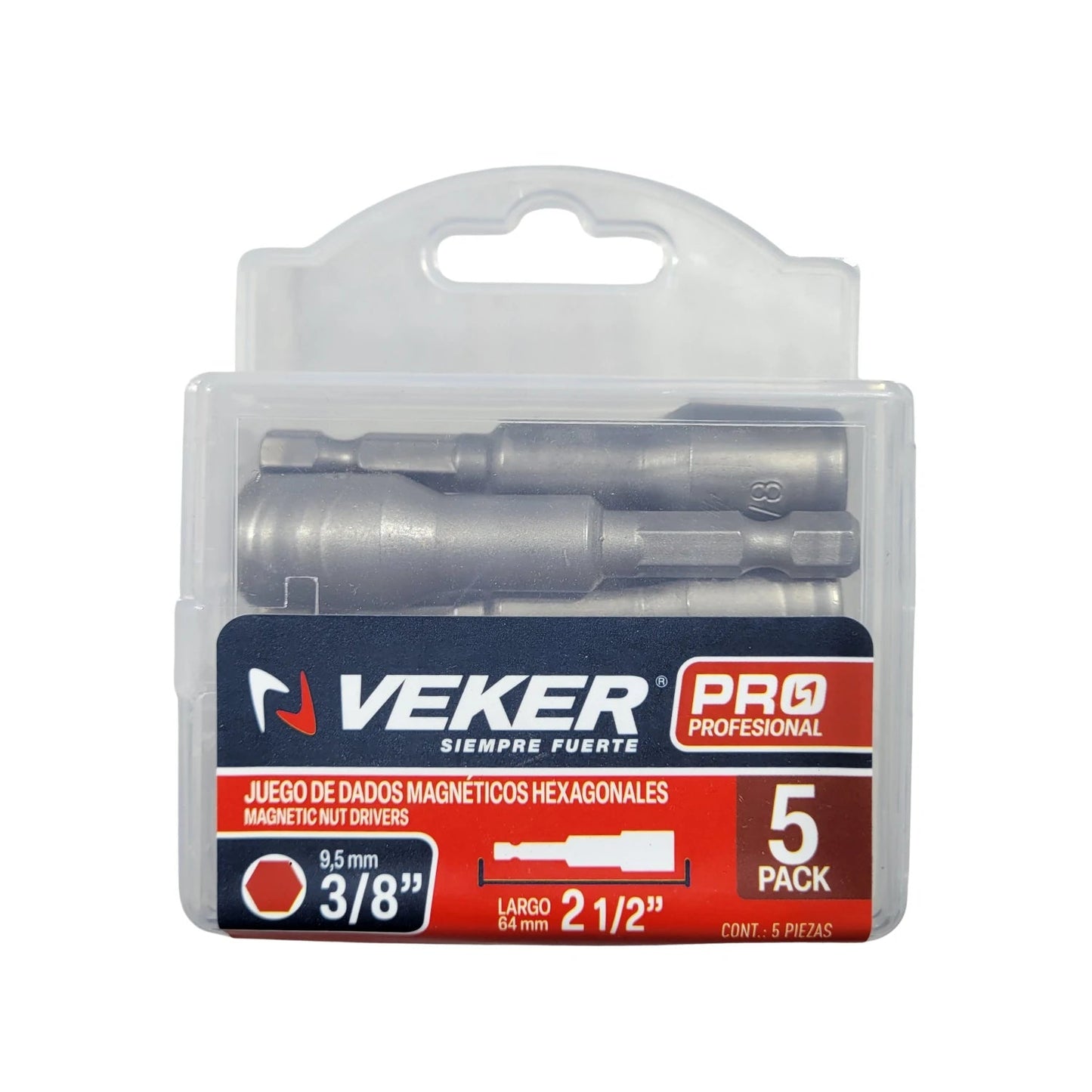 Veker PRO juego de dados magnéticos hexagonales 3/8" x 2 1/2" largos, 5 piezas