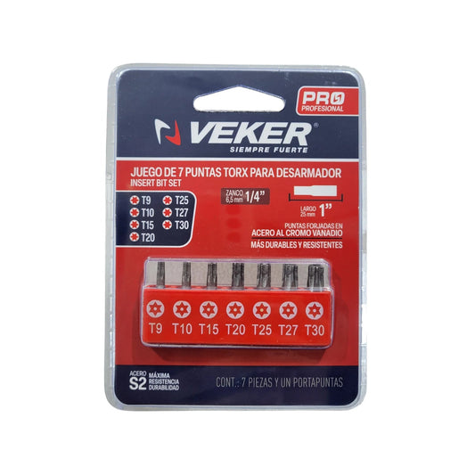 Juego de 7 puntas Torx Veker de acero S2 para desarmador, encastre 1/4", medidas T9-T30, 1" de largo.
