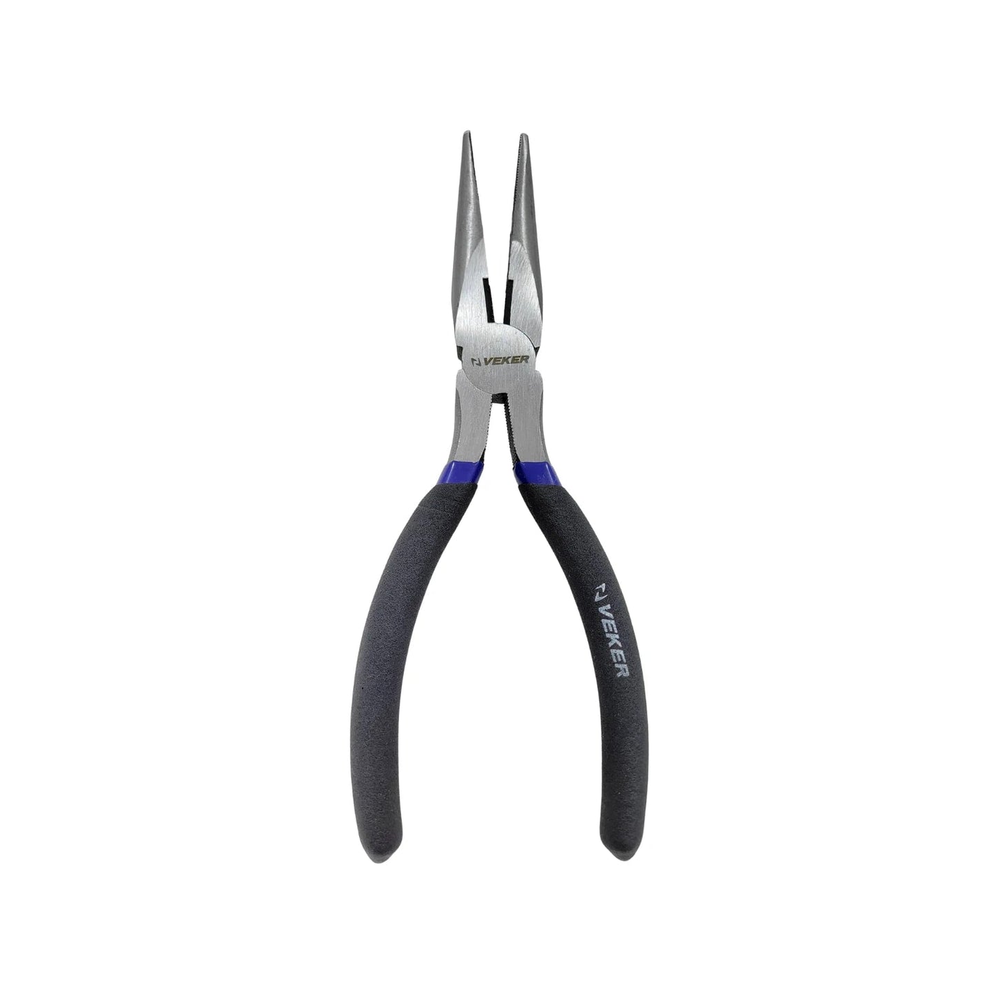 Pinza de punta larga VEKER 7 pulgadas con mangos ergonómicos negros y azules para trabajos de precisión