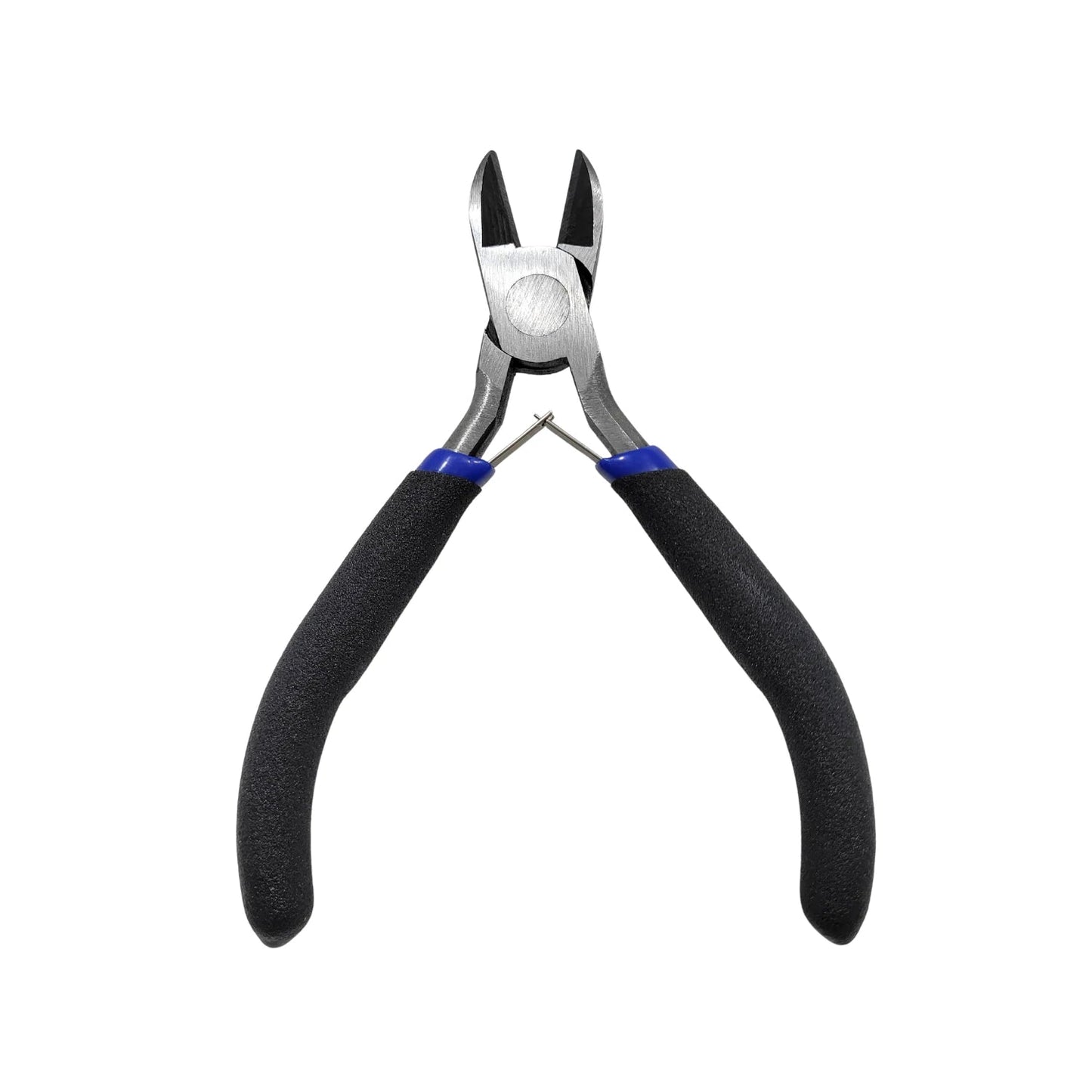 Pinza de corte diagonal mini 4 pulgadas con mangos ergonómicos negros y azules para electrónica.