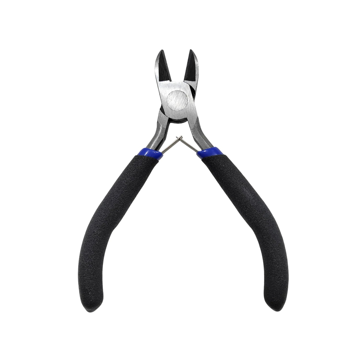 Pinza de corte diagonal mini 4 pulgadas con mangos ergonómicos negros y azules para electrónica.