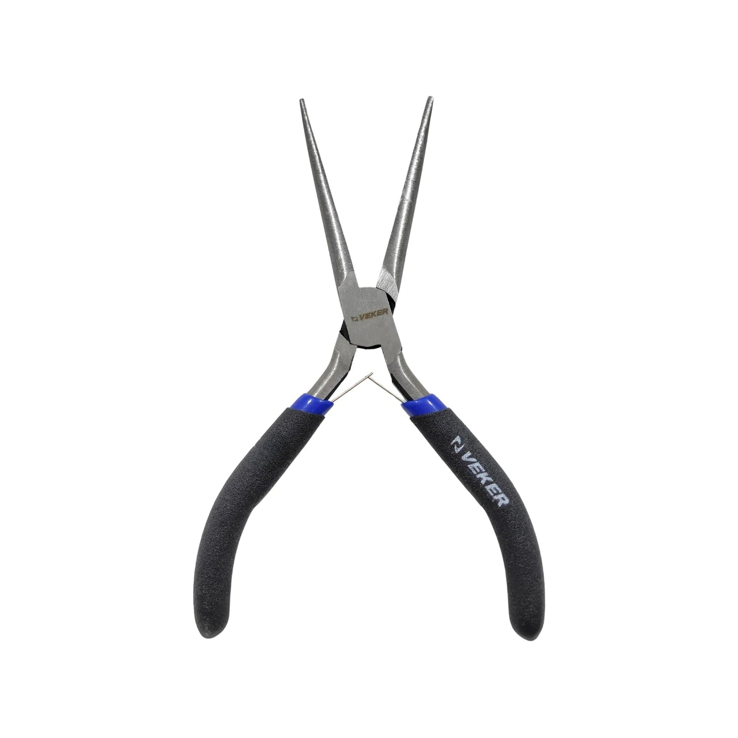 Pinza de punta aguja mini Veker 4 pulgadas, mangos ergonómicos negros y azules para precisión