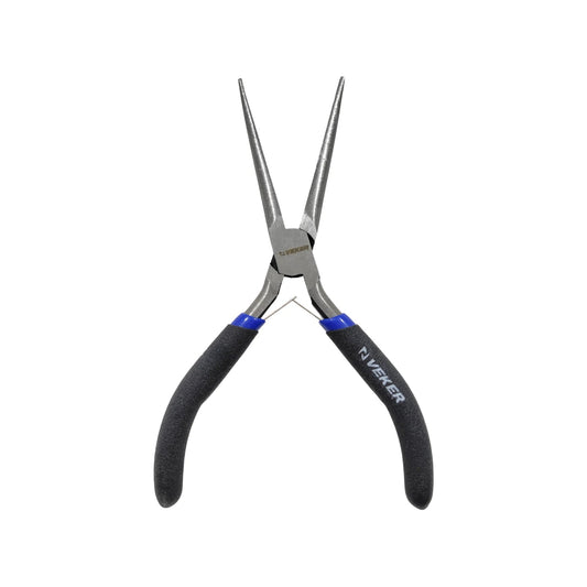 Pinza de punta aguja mini Veker 4 pulgadas, mangos ergonómicos negros y azules para precisión
