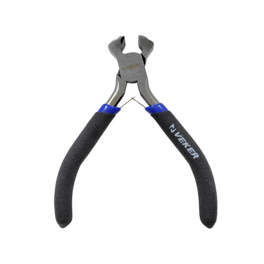 Pinza tipo tenaza Veker mini de 4 pulgadas, mangos negros antideslizantes con anillos azules.