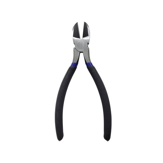 Pinza de corte diagonal 8 pulgadas con mangos ergonómicos negros y azules, ideal para electricistas