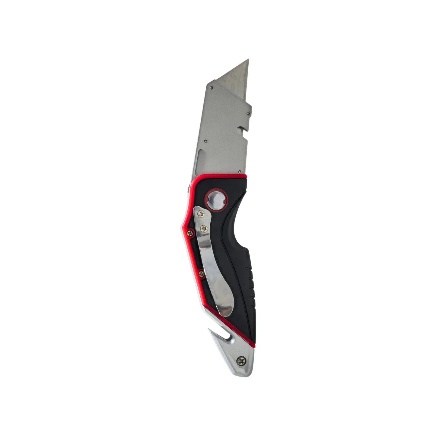 Navaja abatible de aluminio con mango ergonómico negro y detalles rojos, cuchilla utilitaria plegable