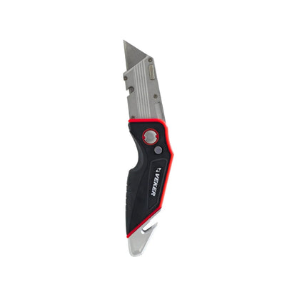 Navaja abatible Veker de aluminio con hoja retráctil, mango ergonómico antideslizante negro y rojo para corte preciso.