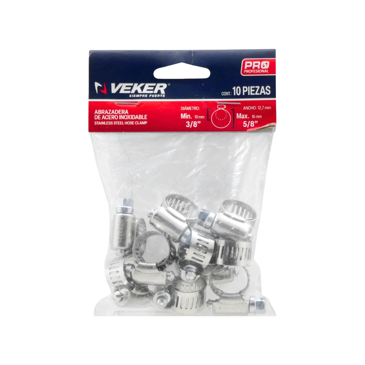 Set 10 abrazaderas sin fin Veker de acero inoxidable para mangueras, rango 10mm a 16mm (3/8 a 5/8 pulg)