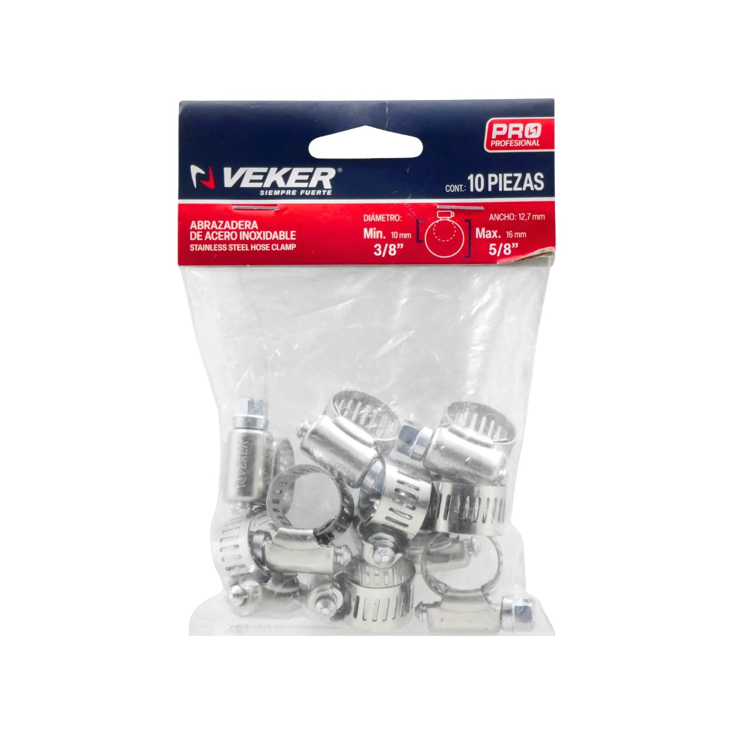 Set 10 abrazaderas sin fin Veker de acero inoxidable para mangueras, rango 10mm a 16mm (3/8 a 5/8 pulg)