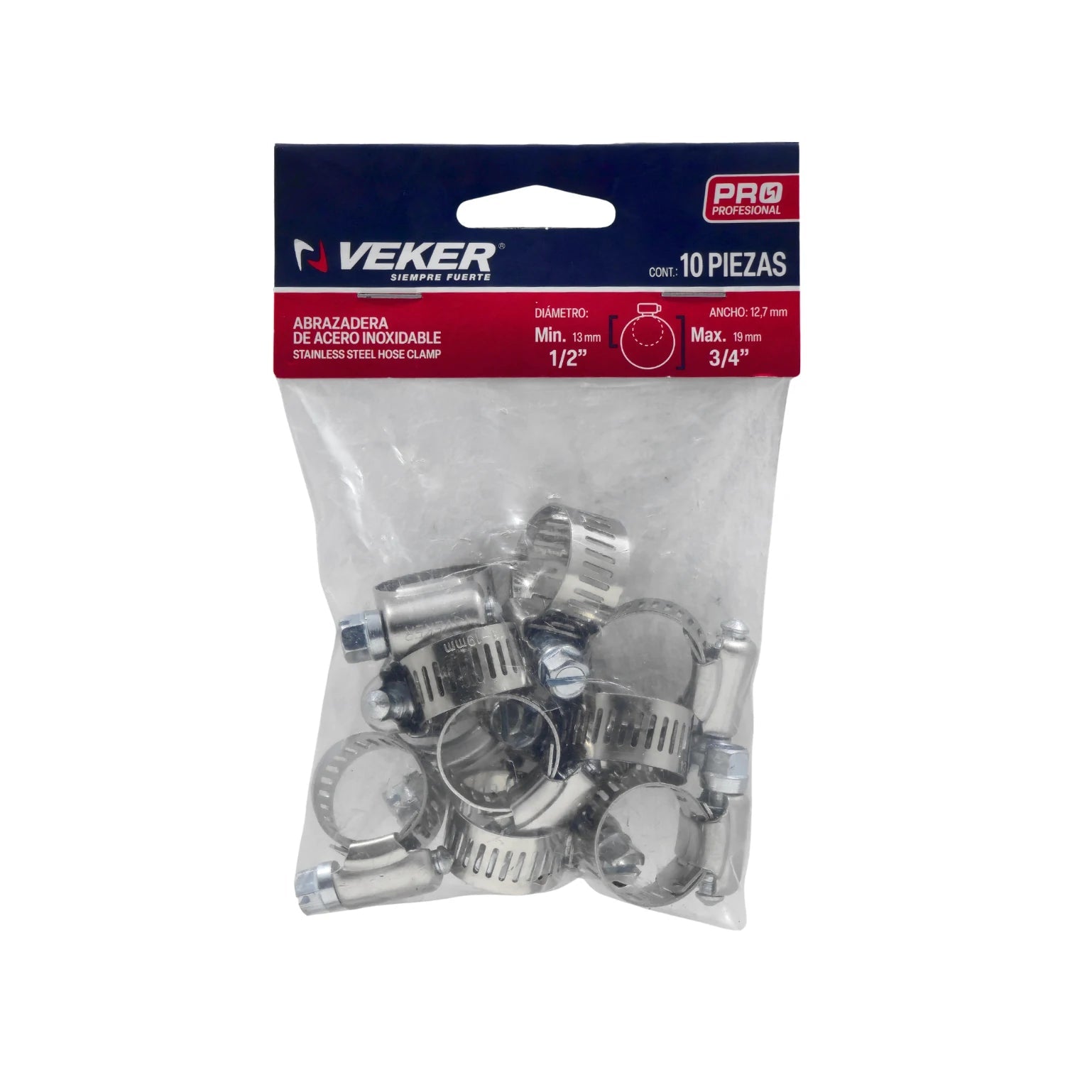 Abrazaderas sin fin Veker de acero inoxidable 13-19mm (1/2-3/4"), paquete de 10 piezas.