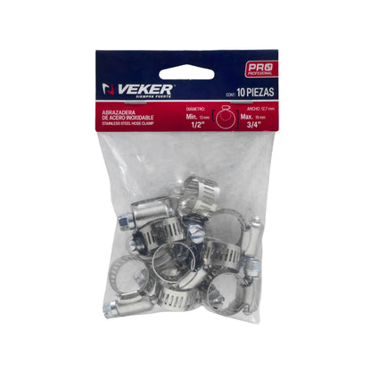 Abrazaderas sin fin Veker de acero inoxidable 13-19mm (1/2-3/4"), paquete de 10 piezas.