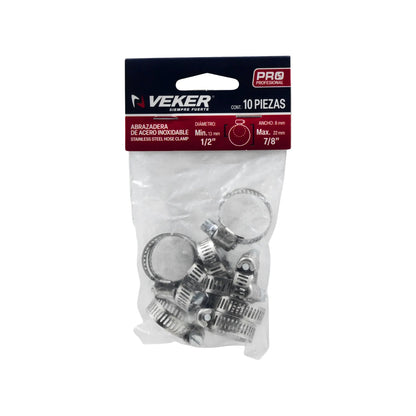 10 abrazaderas Veker mini de acero inoxidable profesionales para manguera, ajuste 1/2 a 7/8 (13-22mm)
