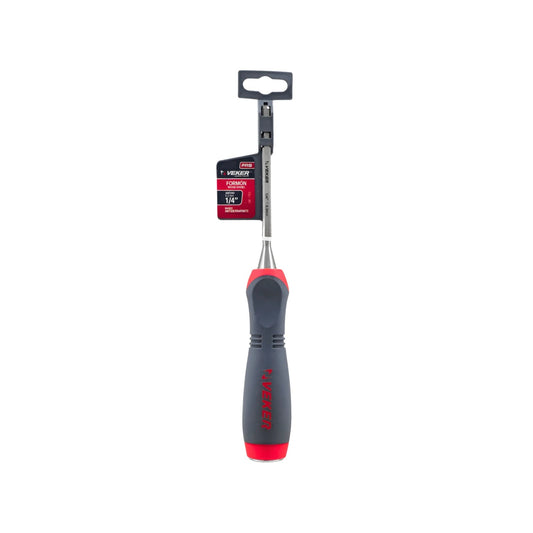 Formón Veker 1/4" con mango comfort antideslizante gris y rojo para trabajos de carpintería y madera.