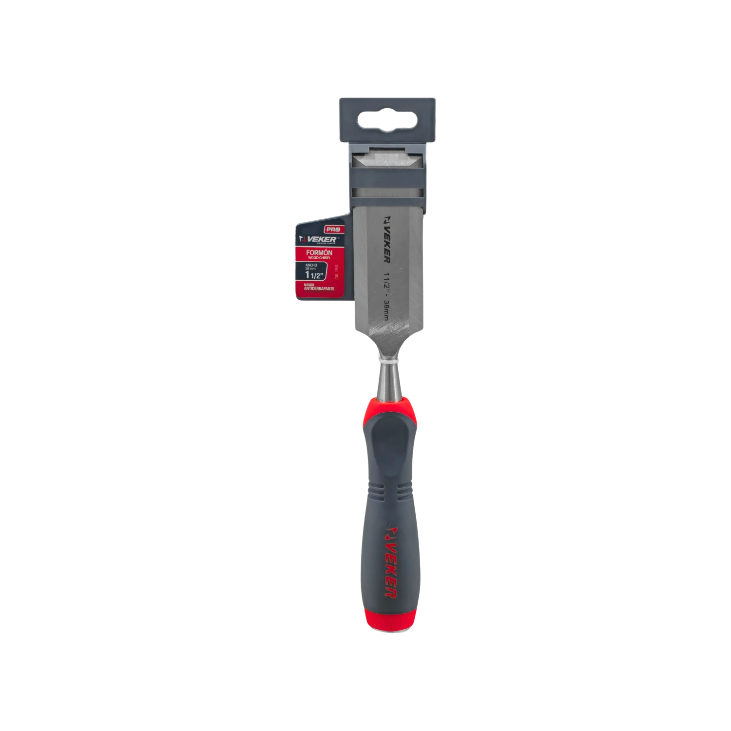 Formón Veker PRO 1 1/2" (38mm) con mango ergonómico antideslizante rojo y gris para carpintería