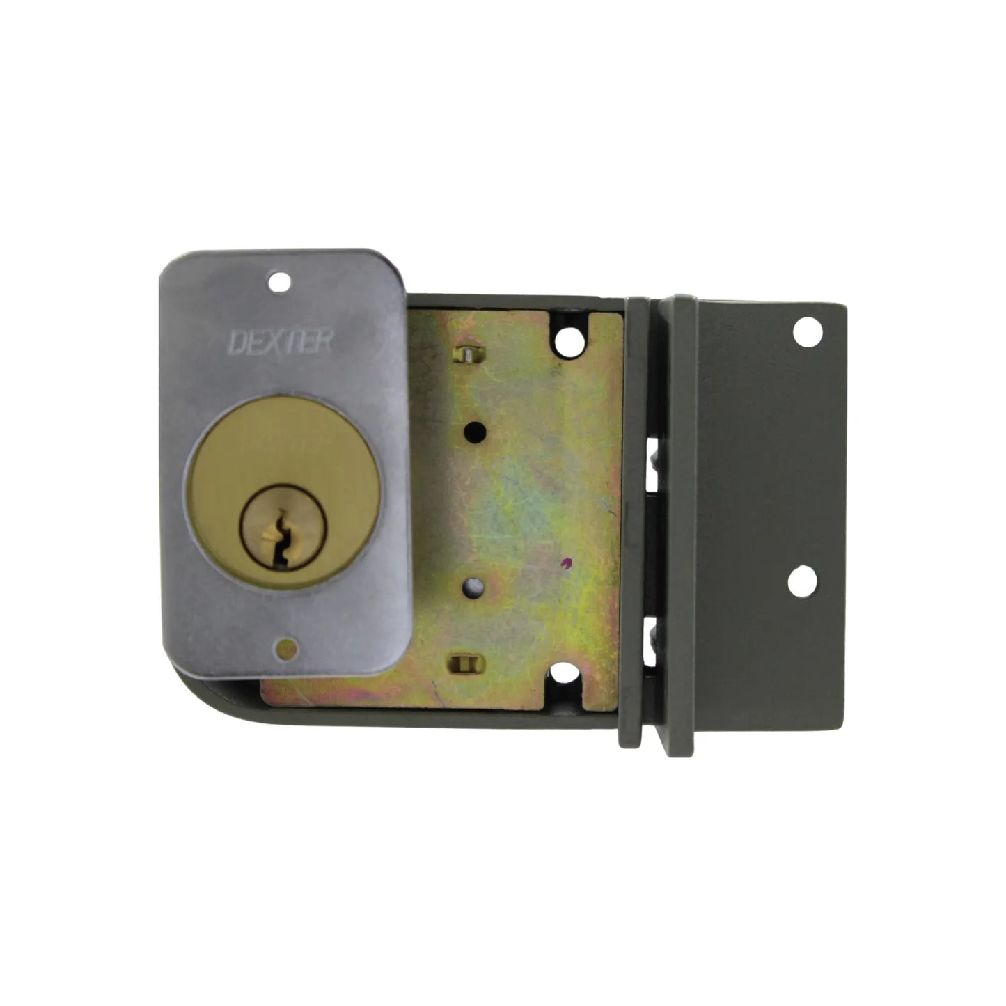 Cerradura de sobreponer Dexter color gris con cilindro de latón para seguridad de puertas exteriores e interiores.