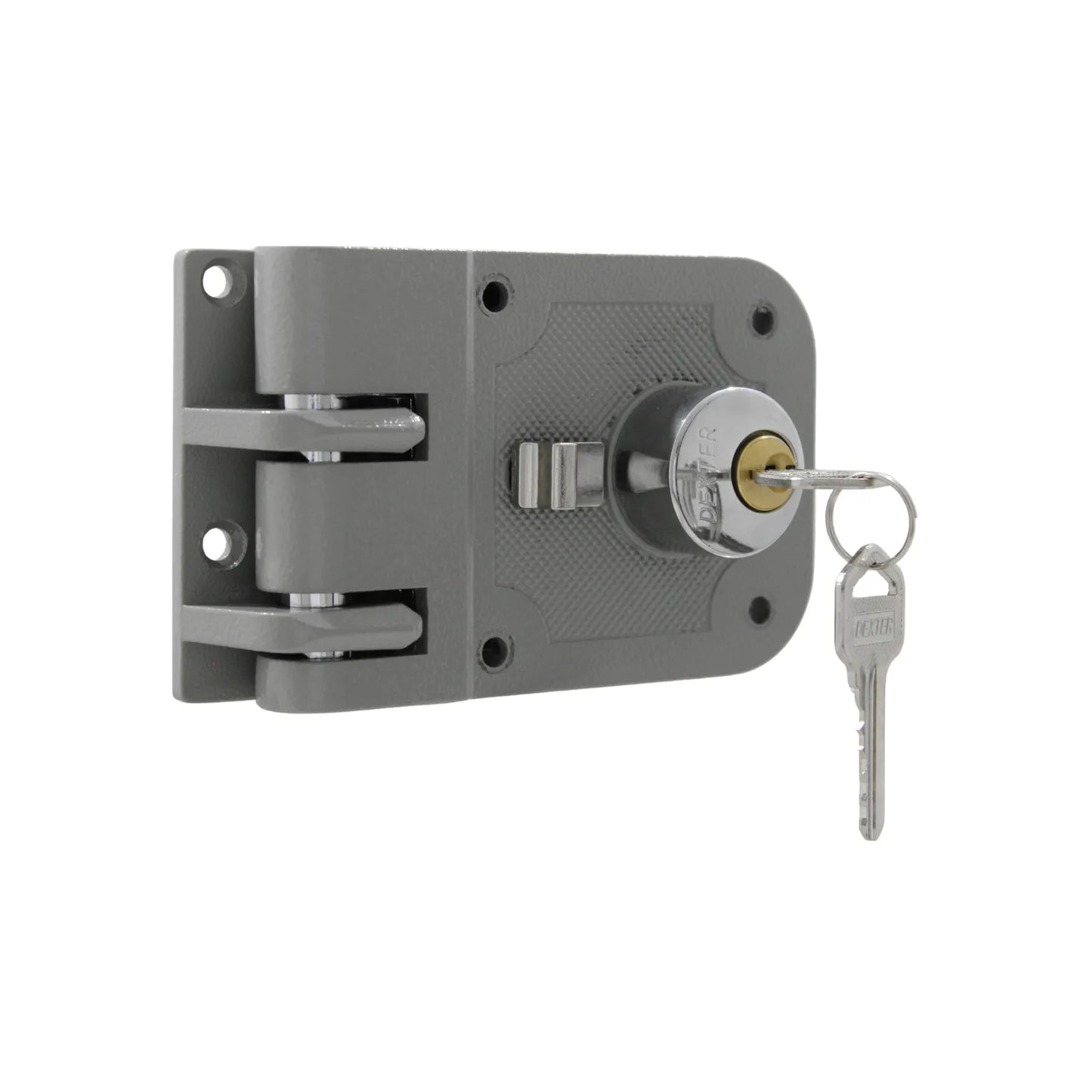 Cerradura de sobreponer Dexter gris con cilindro exterior y llaves para seguridad en puertas residenciales.