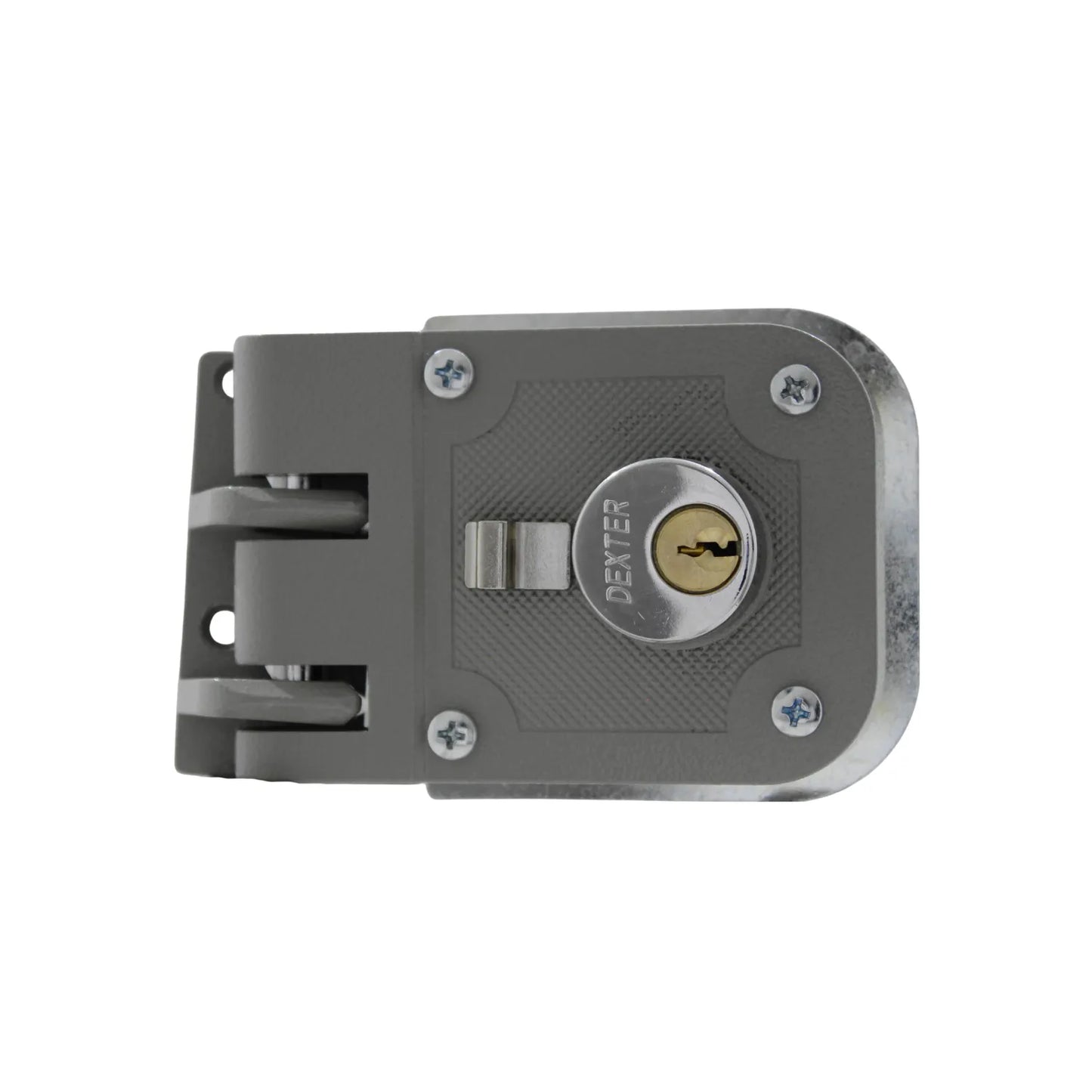Cerradura de sobreponer Dexter color gris con cilindro de latón para seguridad de puertas de madera o metal.