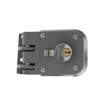 Cerradura de sobreponer Dexter color gris con cilindro de latón para seguridad de puertas de madera o metal.