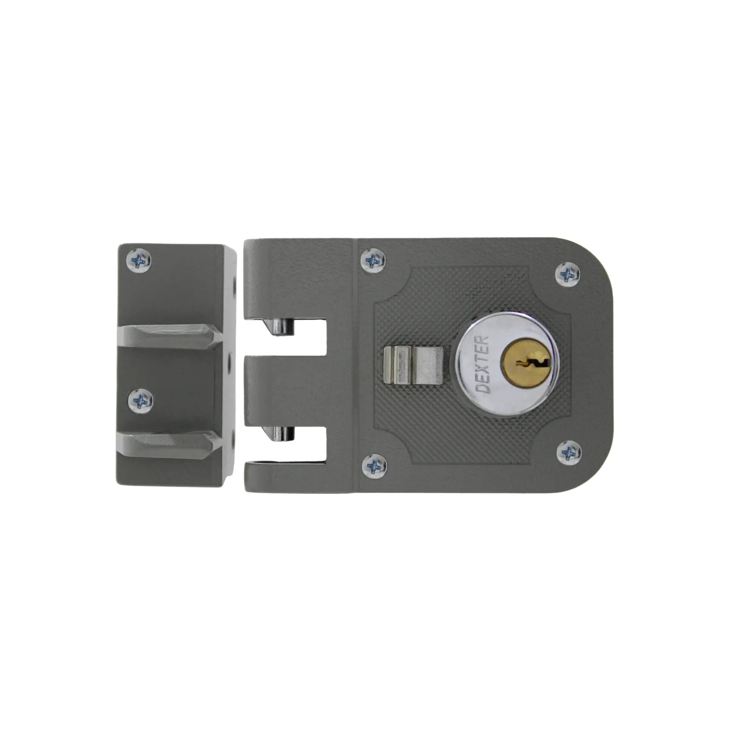 Cerradura de sobreponer Dexter gris con doble cerrojo vertical de seguridad y cilindro de latón para puertas.
