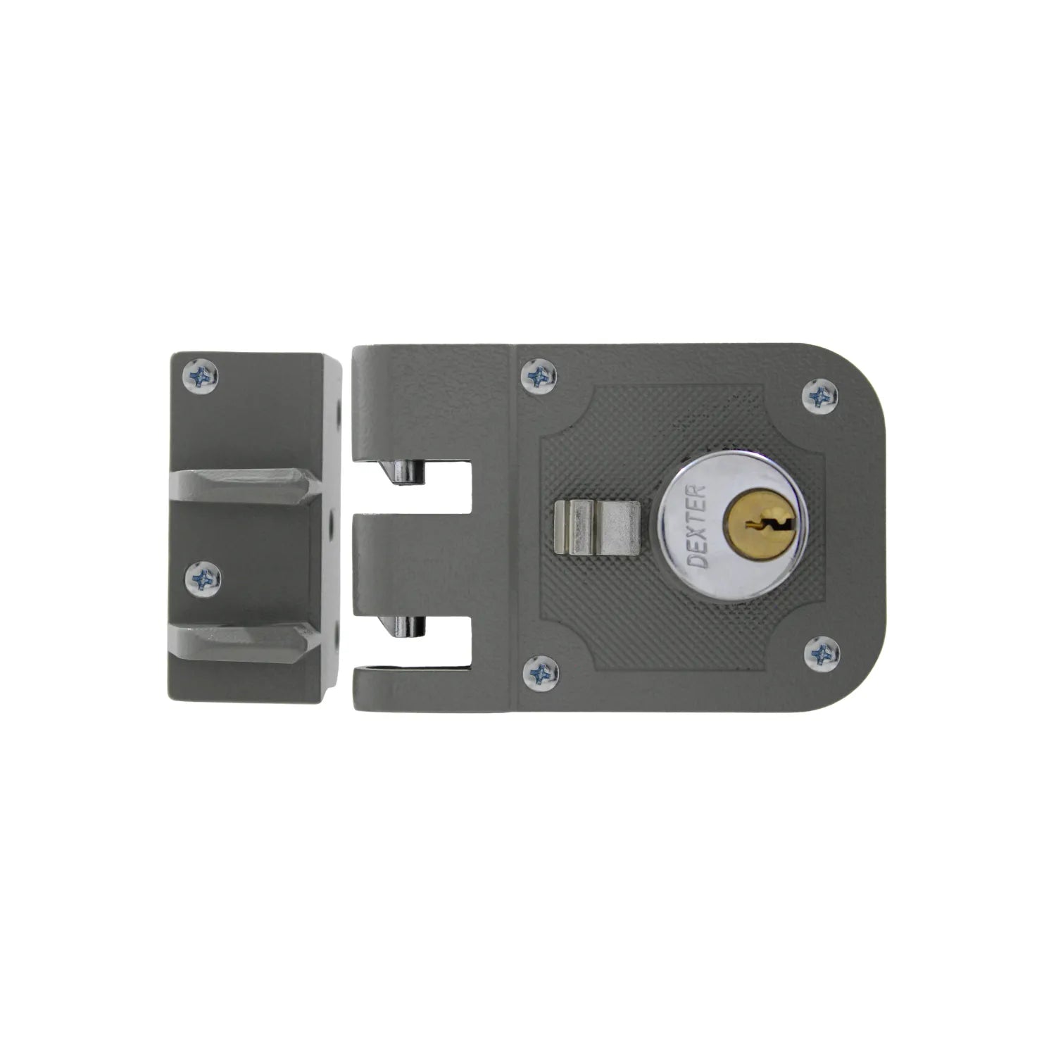 Cerradura de sobreponer Dexter gris con doble cerrojo vertical de seguridad y cilindro de latón para puertas.