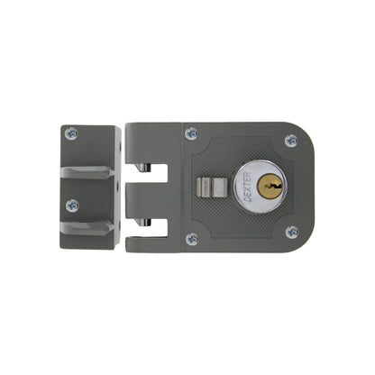 Cerradura de sobreponer Dexter gris con doble cerrojo vertical de seguridad y cilindro de latón para puertas.