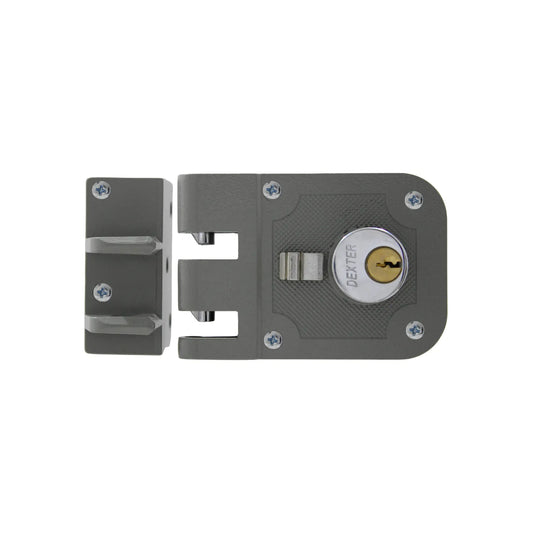 Cerradura de sobreponer Dexter gris con doble cerrojo vertical de seguridad y cilindro de latón para puertas.