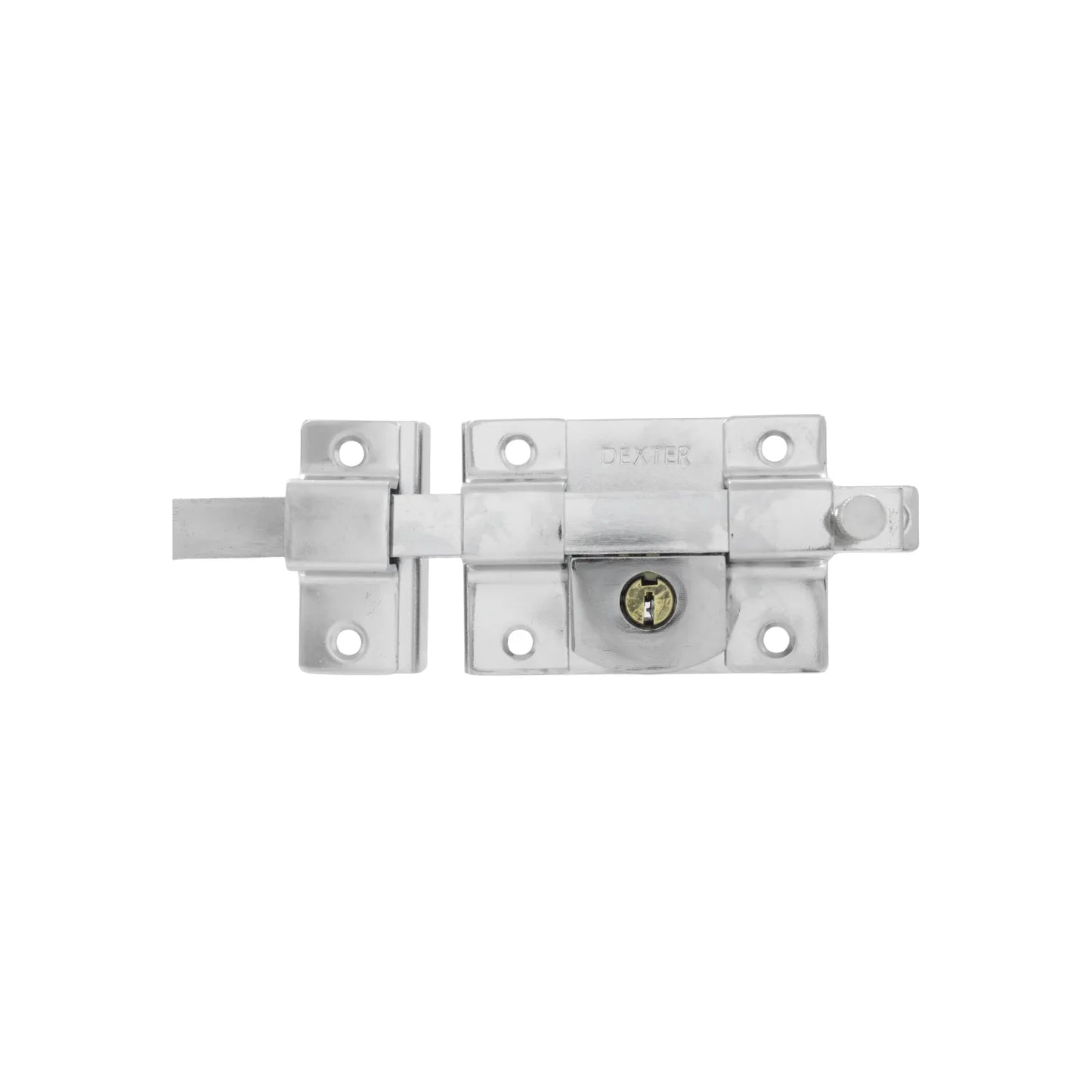Cerrojo pasador Dexter con cilindro de llave, acabado cromo brillante para seguridad en puertas.