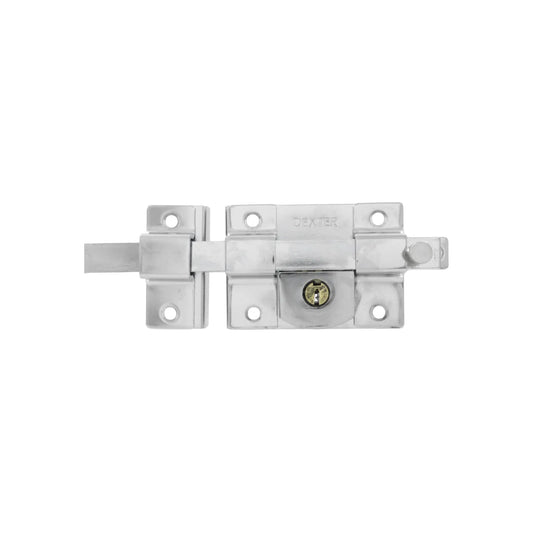 Cerrojo pasador Dexter con cilindro de llave, acabado cromo brillante para seguridad en puertas.