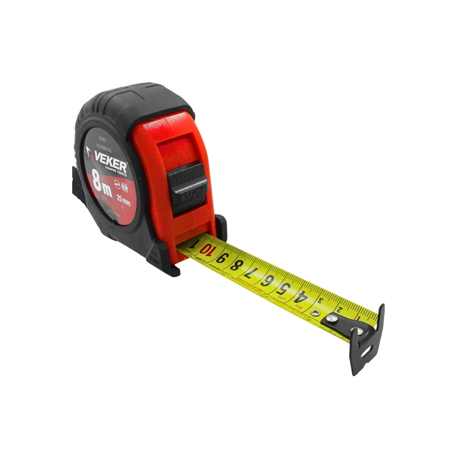 Flexómetro Veker de 8 metros y 25mm cinta métrica profesional roja y negra con botón de bloqueo y gancho metálico.