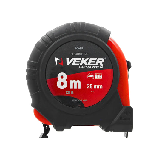 Flexómetro Veker 8m 26ft con cinta de 25mm carcasa negra y roja resistente para medición profesional