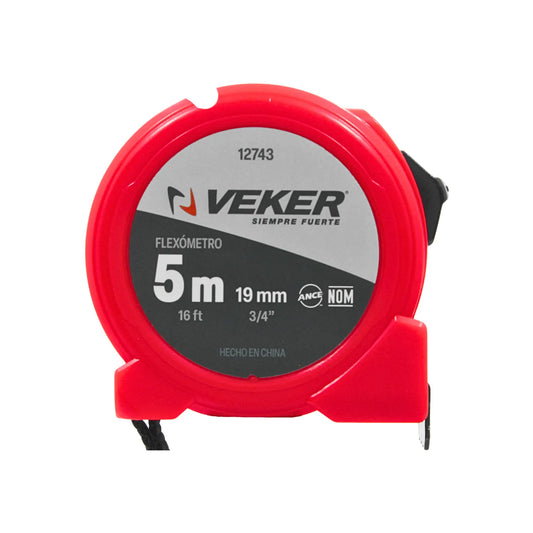 Flexómetro VEKER 12743 rojo de 5m y 16 pies con cinta métrica de 19mm para medición profesional.