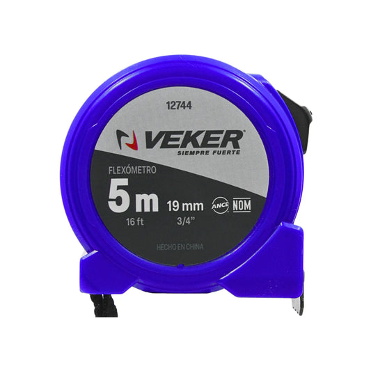 Flexómetro Veker azul de 5 metros y 19 mm de ancho con escala en pies para medición de precisión.