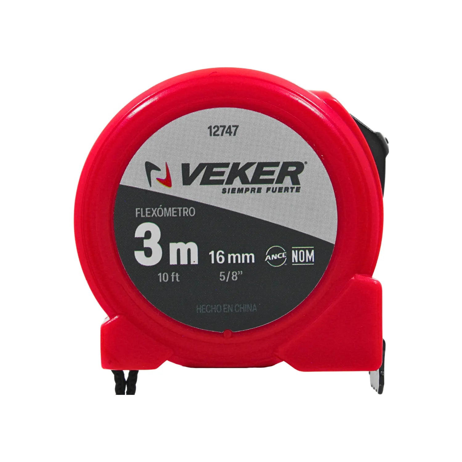 Flexómetro Veker rojo de 3 metros y 10 pies con cinta de 16mm resistente para trabajos de medición y construcción.