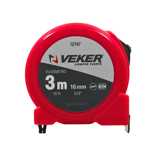 Flexómetro Veker rojo de 3 metros y 10 pies con cinta de 16mm resistente para trabajos de medición y construcción.