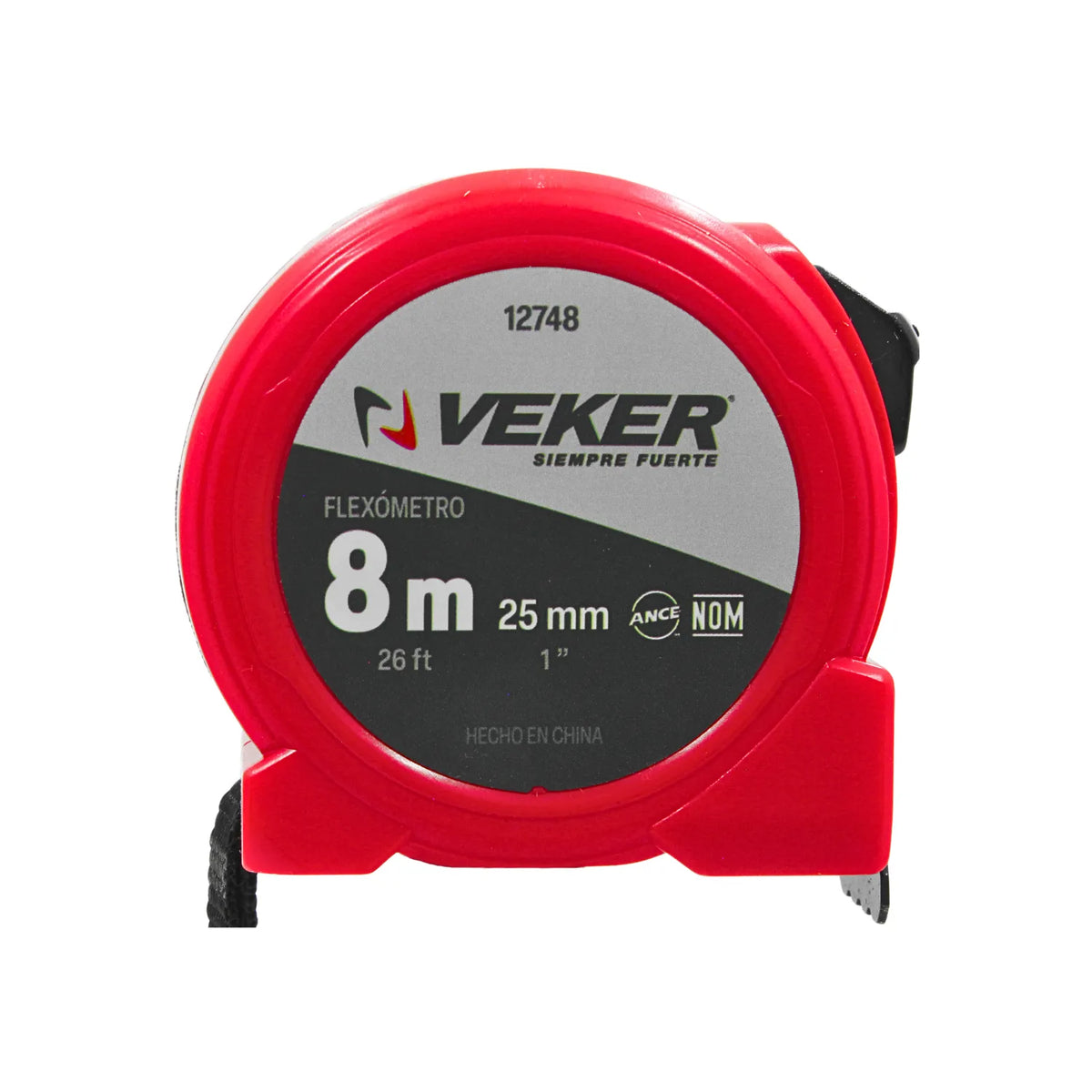 Flexómetro Veker de 8 metros y 26 pies con cinta de 25 mm y carcasa roja resistente para medición profesional.