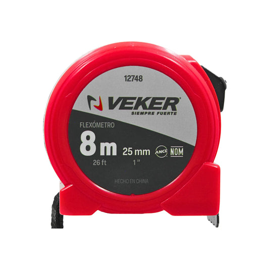 Flexómetro Veker de 8 metros y 26 pies con cinta de 25 mm y carcasa roja resistente para medición profesional.
