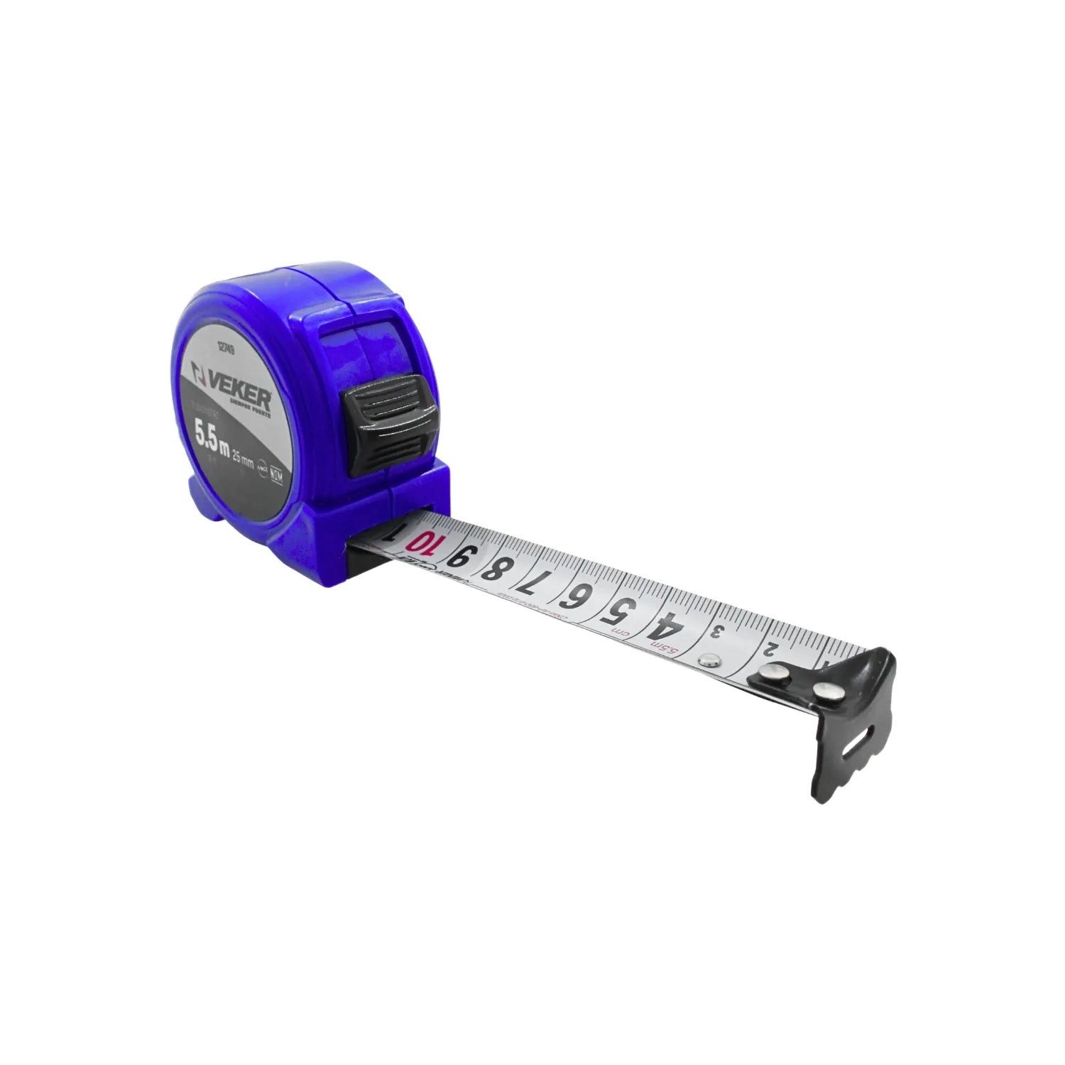 Flexómetro Veker de 5.5 metros x 25 mm azul con seguro y punta metálica para construcción y medición precisa.