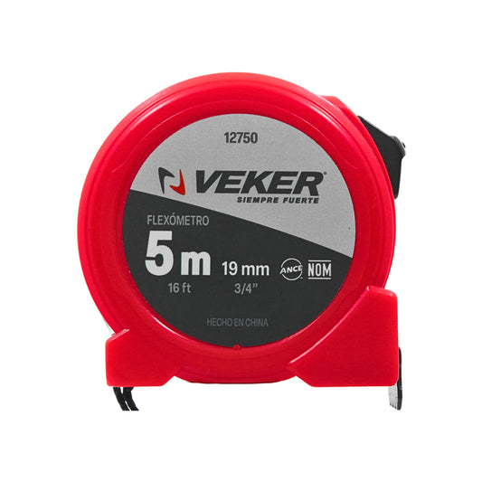 Flexómetro VEKER rojo de 5m y 16ft con cinta de 19mm modelo 12750 para medición precisa en construcción y hogar.