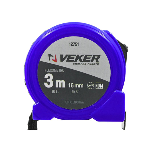 Flexómetro Veker de 3m y 10ft con cinta de 16mm en carcasa azul resistente para medición profesional.