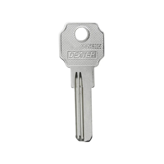 Llave en bruto Dexter DEX-L19D de metal plateado para duplicados y cerrajería profesional.