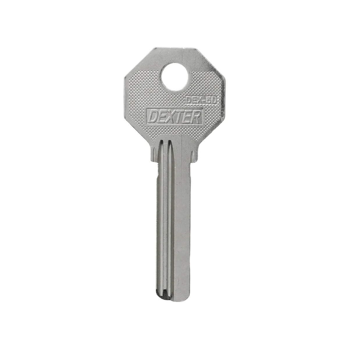 Llave virgen Dexter DEX-50 plateada para duplicado de llaves residenciales y cerrajería con acabado metálico resistente.